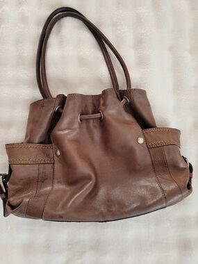 Fossil Chocolate Brown Leather Drawstring Shoulder Tote